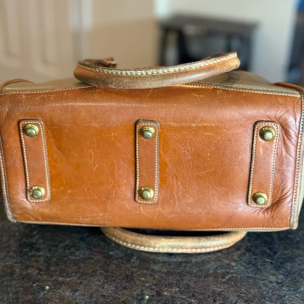 Vintage Dooney & Bourke Olive Green and Brown Leather Satchel with Brass Accents
